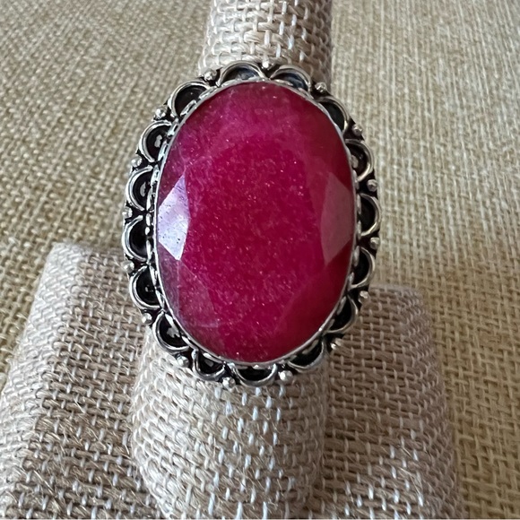 New Enhanced Faceted Ruby Silver Overlay Ring Size 7.5 - 7.75 - Picture 4 of 10